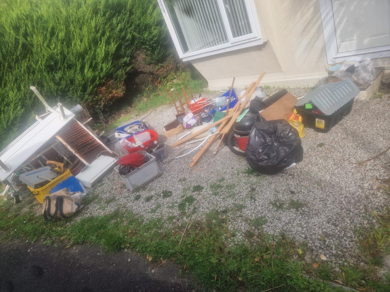 Sidmouth garden overgrown and cluttered before house clearance